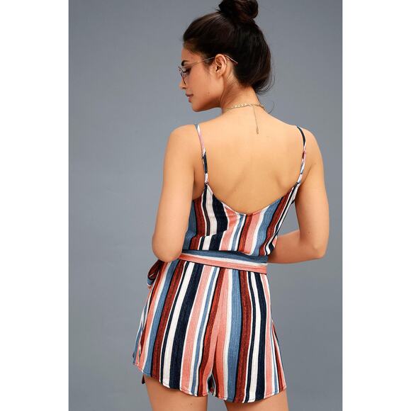 Lulu’s - Angelene Blue & Orange Striped Sleeveless Romper - Size Small - Picture 4 of 9